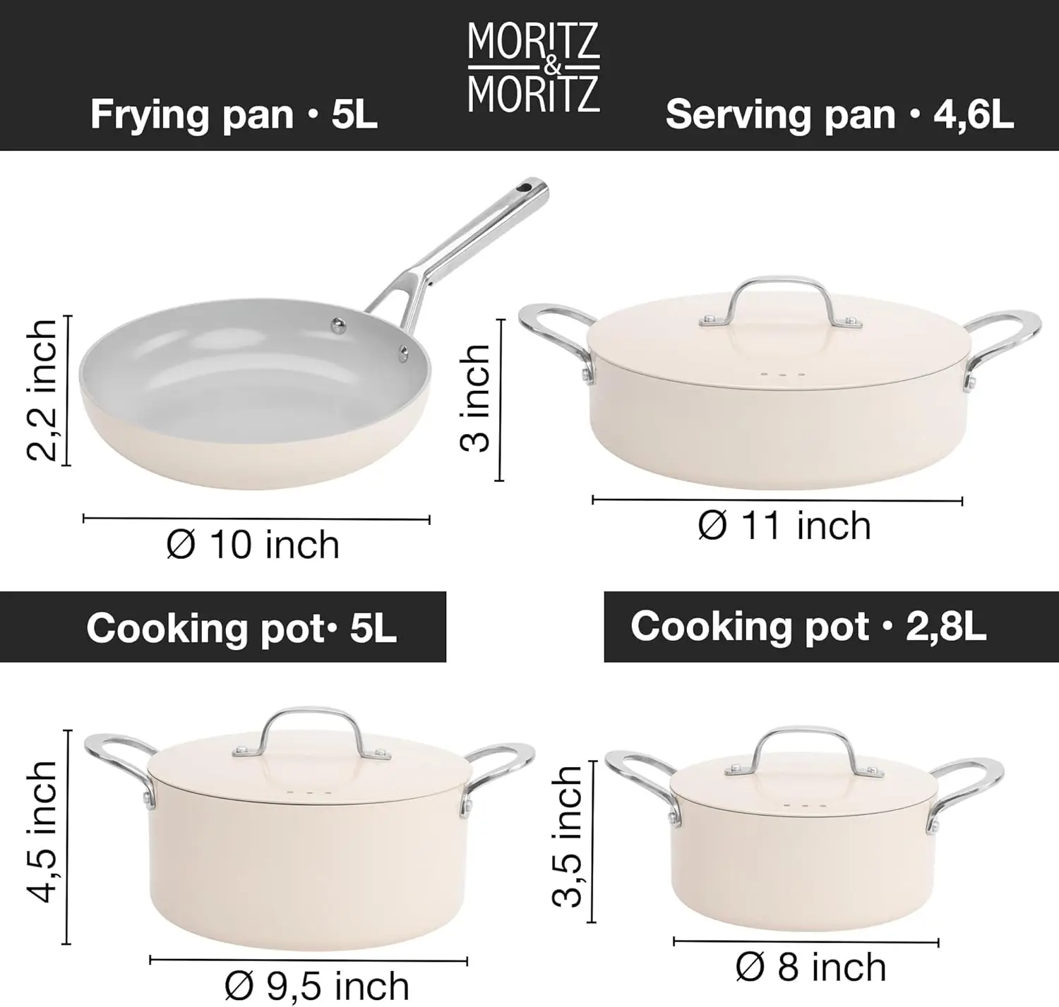 Moritz & Moritz 7-Piece Cast Aluminum Pot And Pan Set Cream With Lids, 2X Pots With Lids, 1X Serving Pan With Lid, And 1X