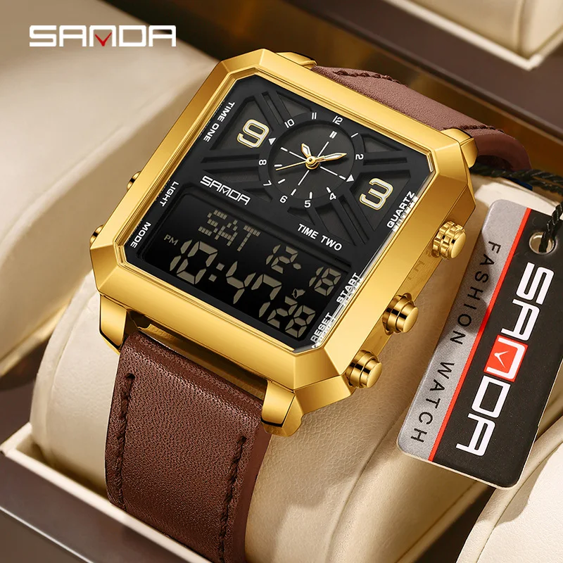 

SANDA6256 Dual Display Men's Watch Electronic Quartz Dual Movement Countdown Three Location Time Stopwatch Alarm Clock Gift