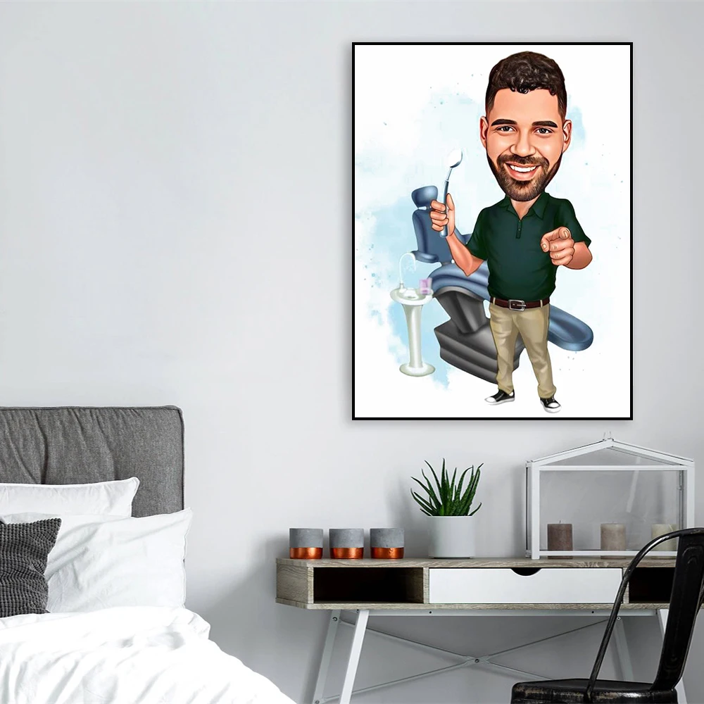 Custom Woman Dentist Cartoon Portrait Poster Personalized Dentist Portrait Prints Caricature from Photo Funny Dentist Prints