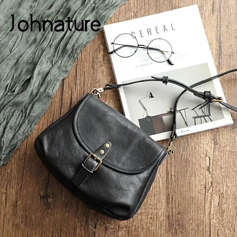 Johnature Retro Genuine Leather Women Summer Small Bag 2024 New Simple Leisure Nature Cowhide Female Shoulder & Crossbody Bags