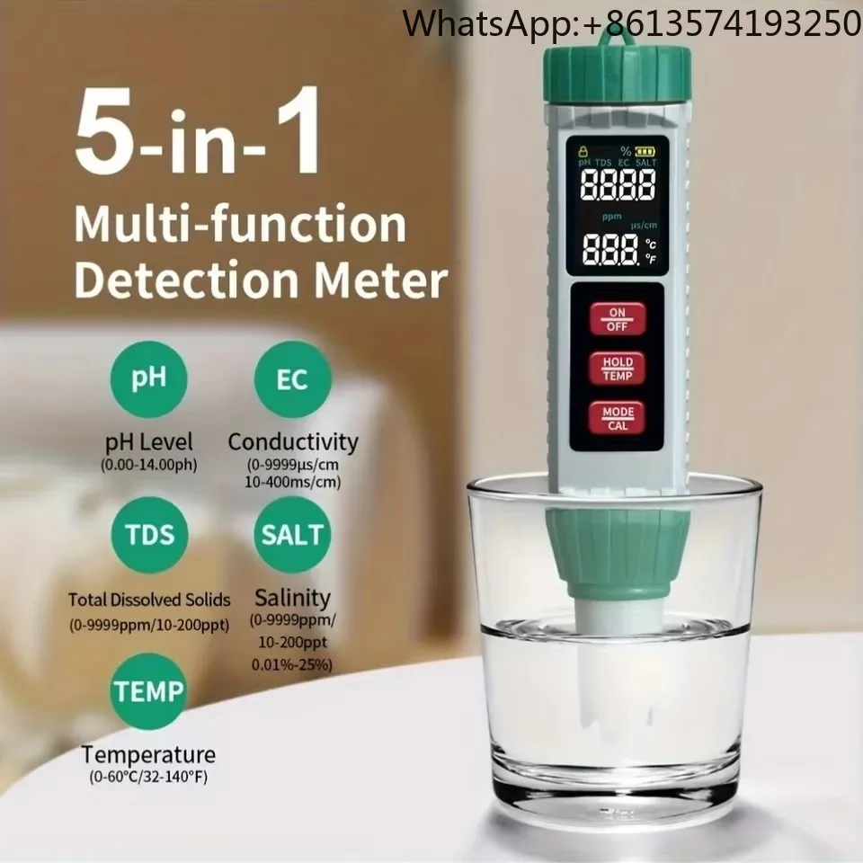 

MF-X51 Portable 5-in-1 Water Quality Tester High-Sensitivity Probe Measures TDS EC pH Salt Temperature Home Water Testing