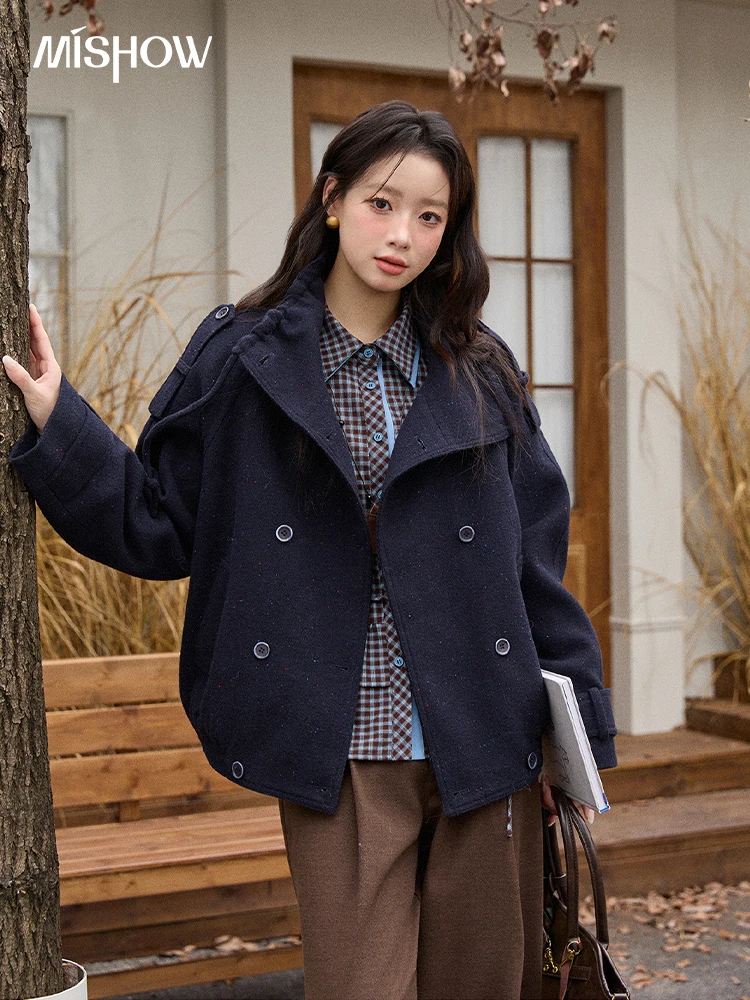 

MISHOW Dark Blue Woolen Pleated Coat for Women 2025 Winter Retro Loose Turn-down Collar Waist Slim Short Jackets MXE89W0903