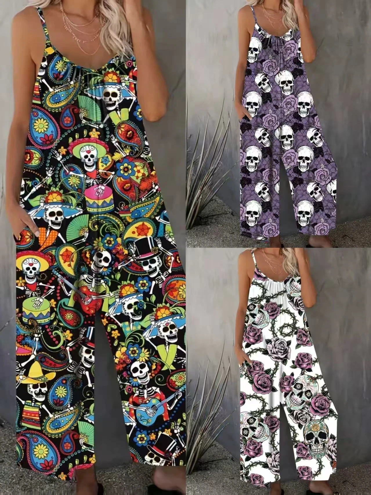 

Большие размеры, новый готический стиль, летняя повседневная мода, брюки с принтом черепа на подтяжках на Хэллоуин, женский комбинезон