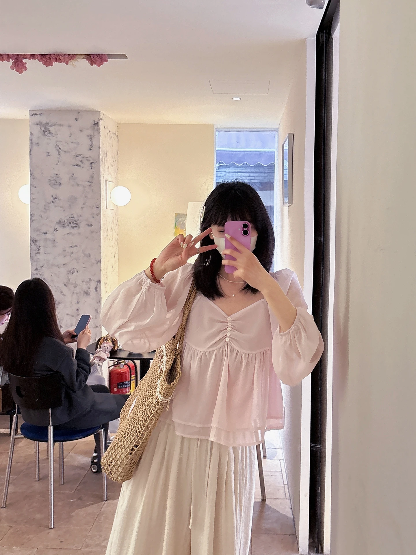 

XiaoYanHome Sweet Style Pink Long Sleeve Loose Short Thin Doll Shirt Women's Spring Summer Top Breathable Polyester Rayon