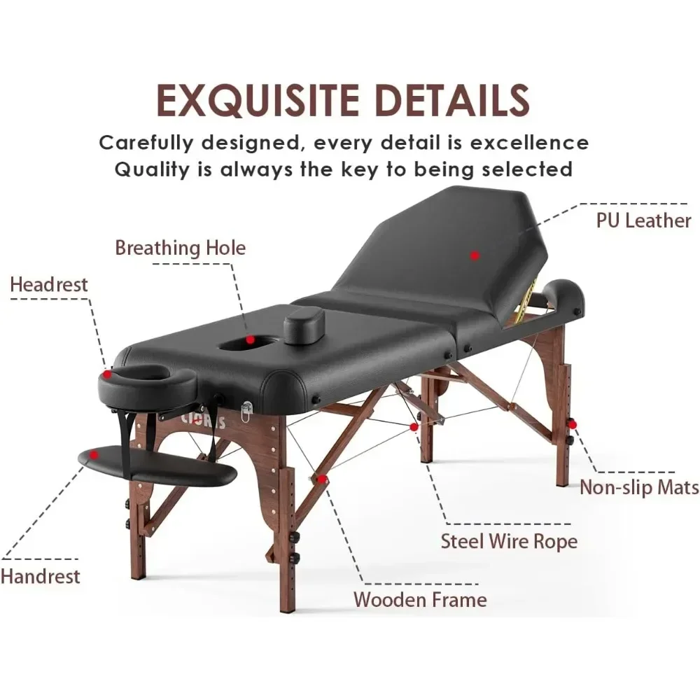 84" Professional Massage Table Portable 3 Fold Reinforced Wooden Leg Hold Up to 1100LBS Premium Spa Salon Tattoo Massage Bed