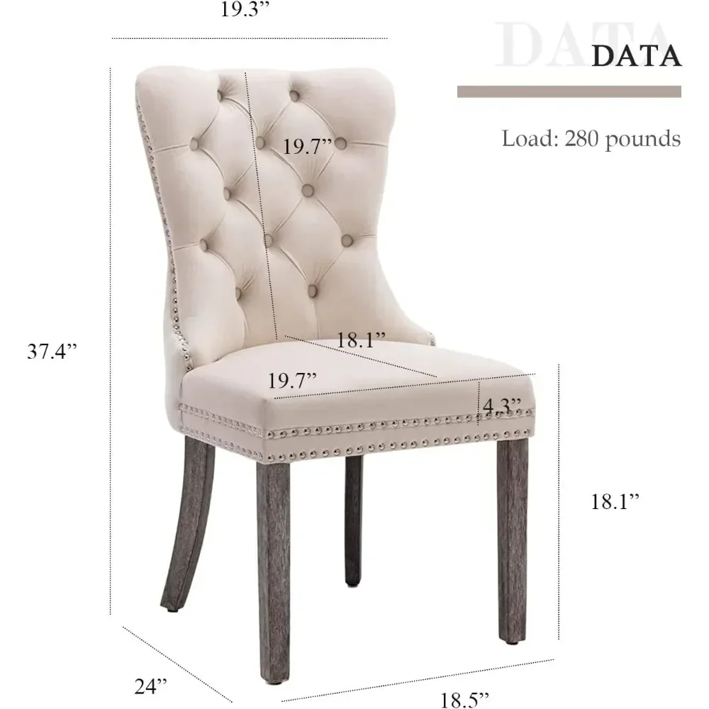 Velvet dining chair 6-piece set, tufted dining chair with nail head ring pull edge, solid wood leg cushion (beige)