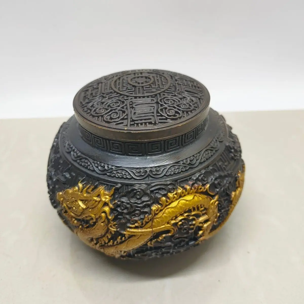 Copper Alloy Tea Caddy, Exquisitely Gold-traced with Embossed Dragon & Phoenix Auspicious Patterns, Storage Canister