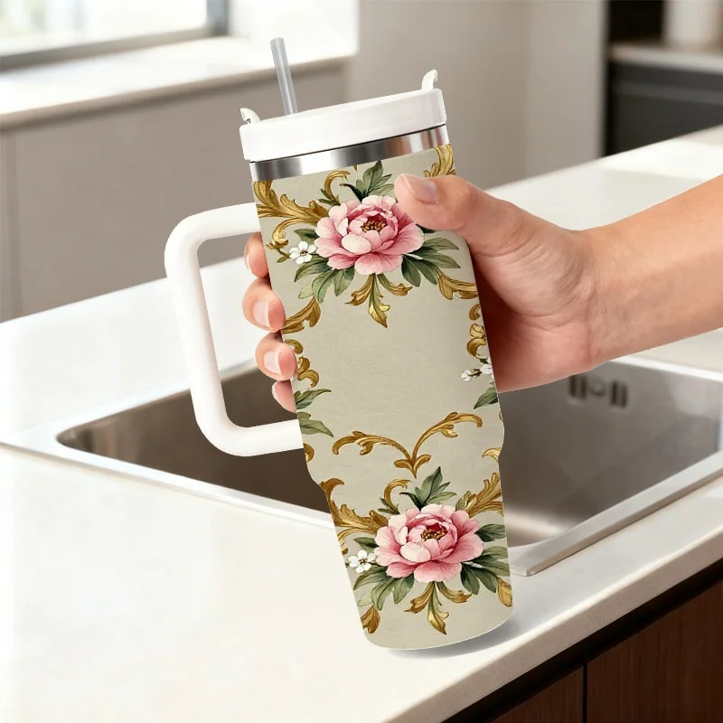 Elegant Vintage Floral Print 40Oz Stainless Steel Insulated Tumbler, Ornate Pink Peony And Golden Scrollwork Pattern, Digitally Printed Drink Cup for Keeping Beverages Cold And Hot, Ideal for Daily Use, Office, Travel And Outdoor Activities