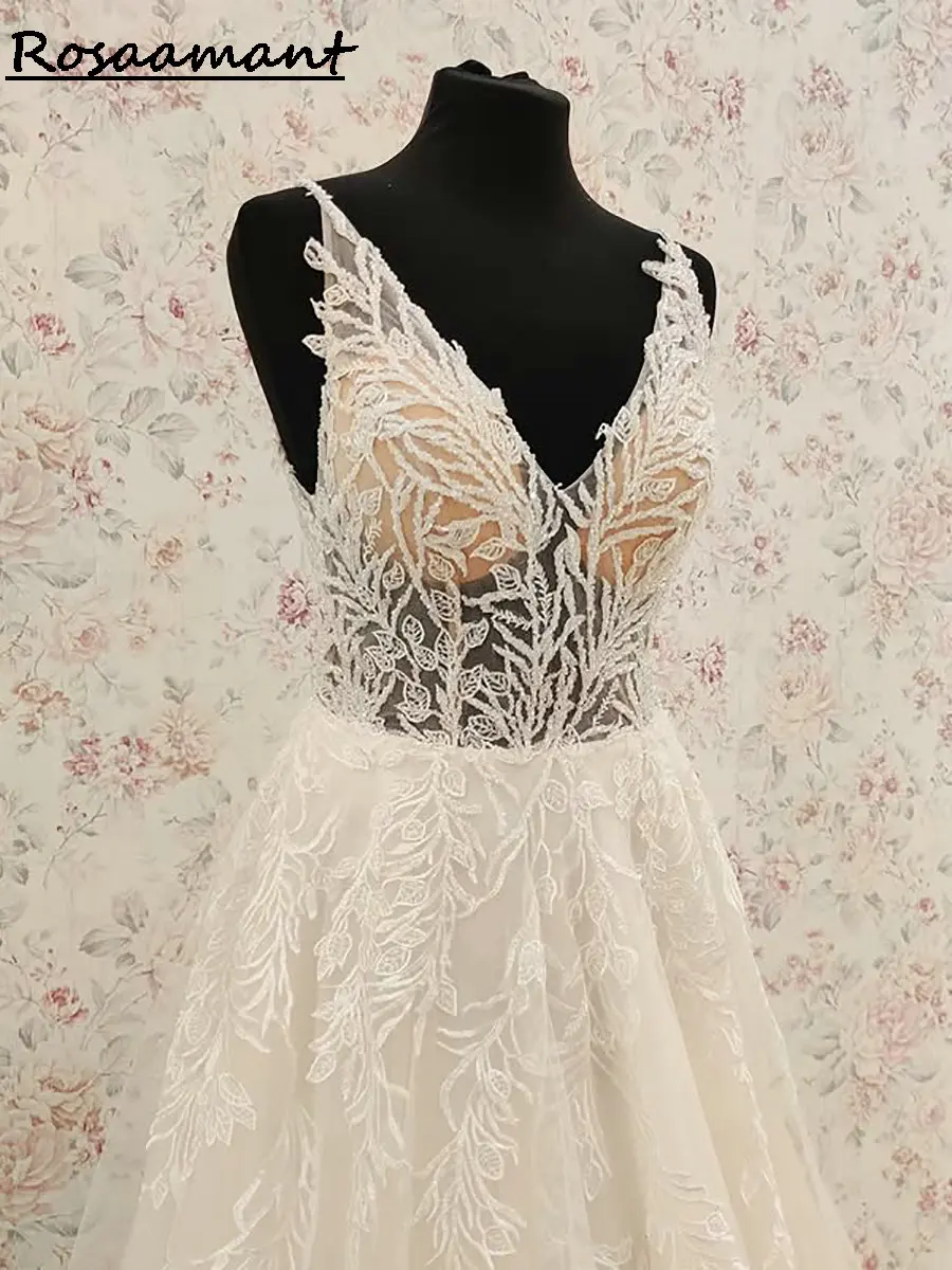 رائع الخامس الرقبة بلا أكمام ألف خط فساتين الزفاف الوهم يزين الدانتيل البلد أثواب الزفاف