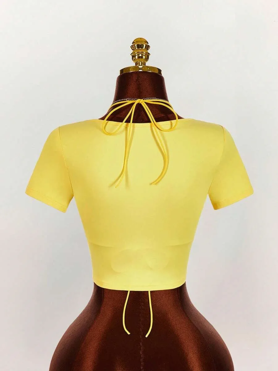 Damen Y2K Brasilien-Flagge 2-teiliges Outfit, gestreiftes Kurzarm-Oberteil, Neckholder-BH, Schnürkorsett, Weste, Streetwear, Festival-Matching-Set – Detail 5
