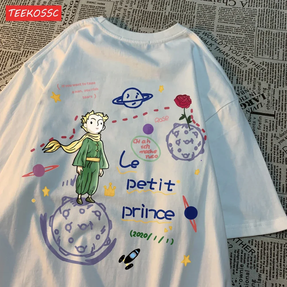 Womens T-Shirts Little Prince And Rose Prints Short Sleeve O-Neck Soft Breathable Fashion Female Clothes Cute Printng Tee