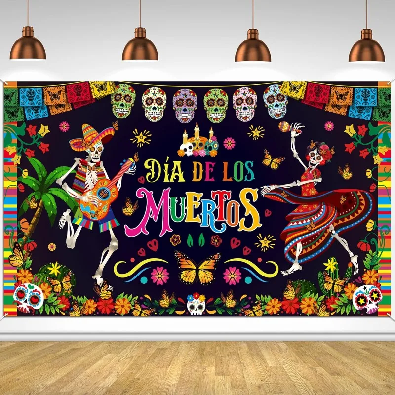 ​Mexican Day of The Dead Background Cloth Horror Theme Party Decoration Hanging Flag Banner Halloween Colorful Skull Decoration