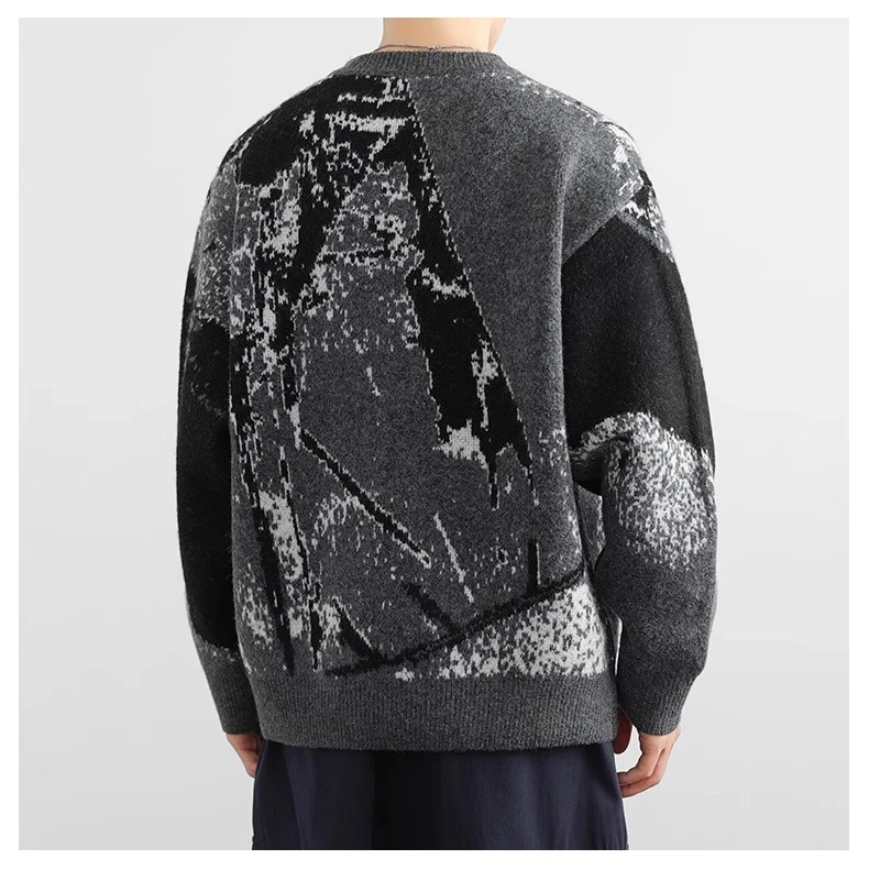 2025 Autumn Winter New Men's White Casual Pullover Sweater High-end Design Dark Gray Round Neck Long Sleeve Knitted Sweater