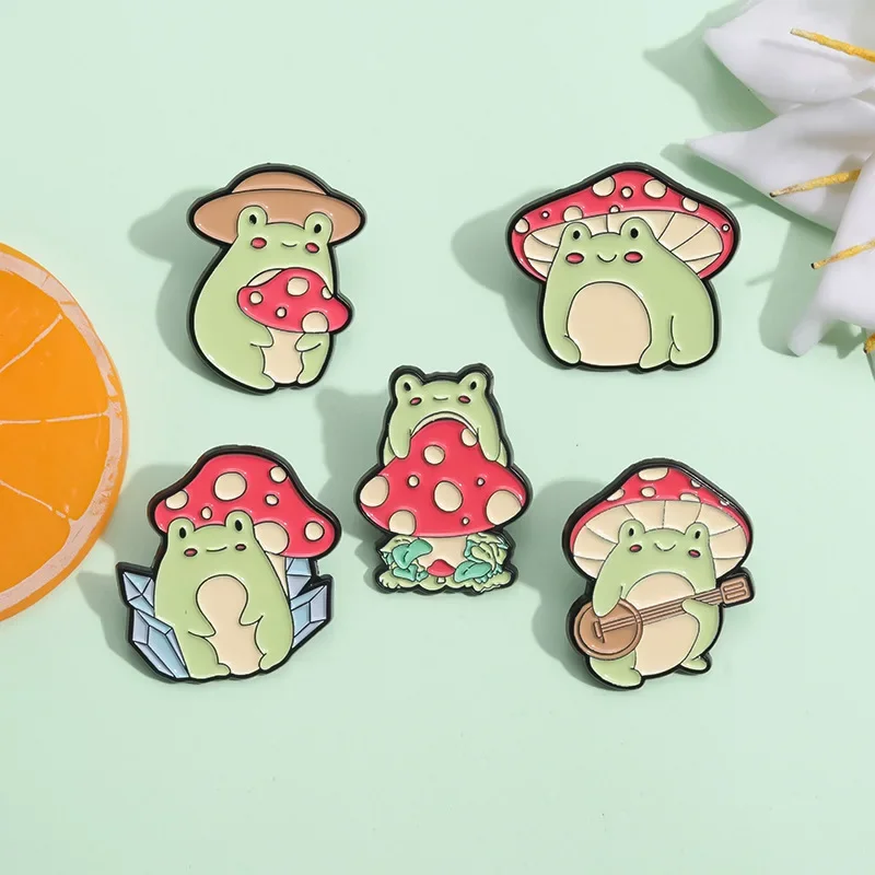 Mushy Froggy Enamel Pin Cute Happy Frog Mushroom Animal Brooches Lapel Metal Badge Jewelry Gift for Kids Friends Wholesale