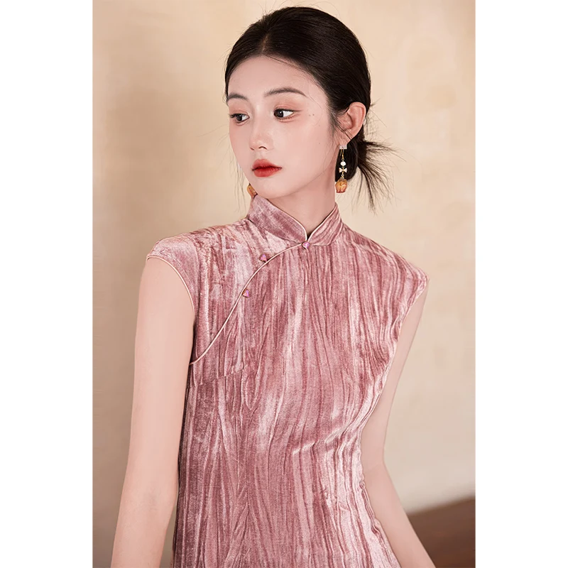 

Розовое шелковое бархатное длинное платье-ципао Dr. Ele для повседневной носки и помолвки, с низким разрезом, без рукавов, цветное