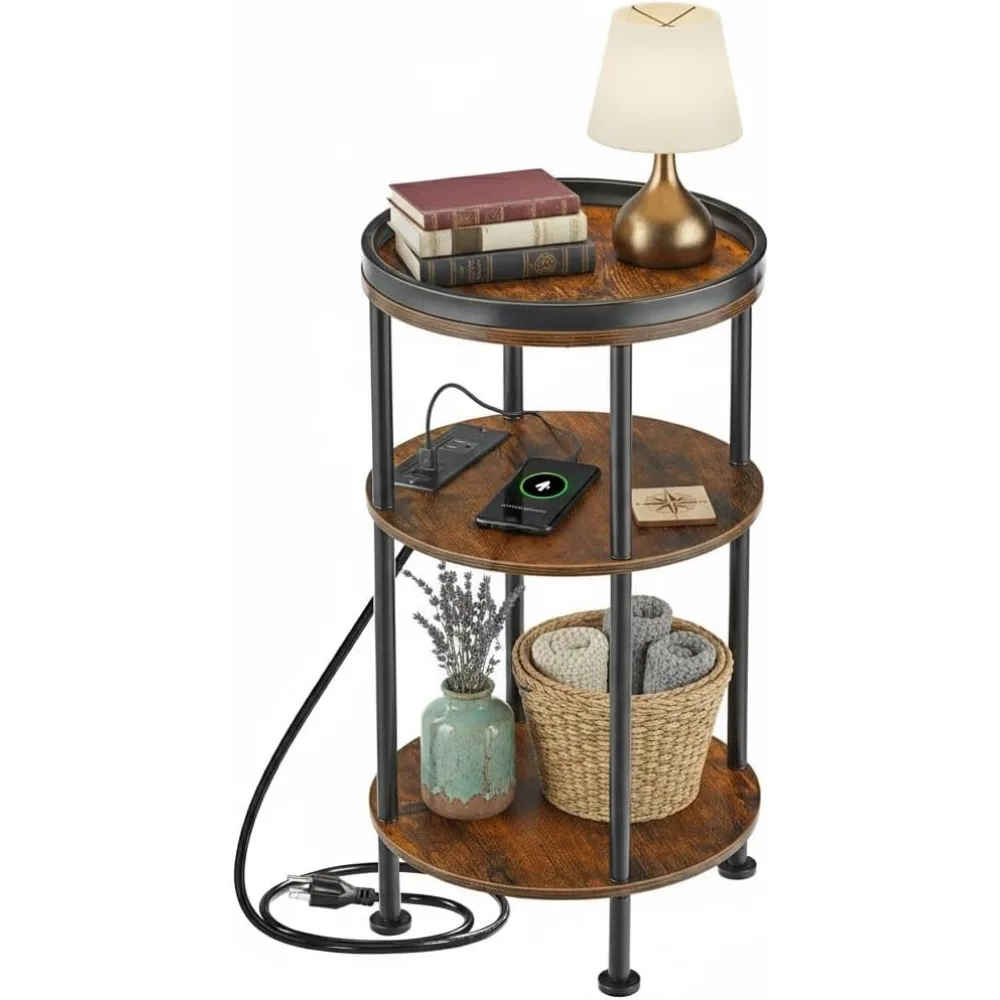 

3-Tier Round Side Table with Charging Station, USB Ports & Outlets for Small Spaces, Rustic Brown