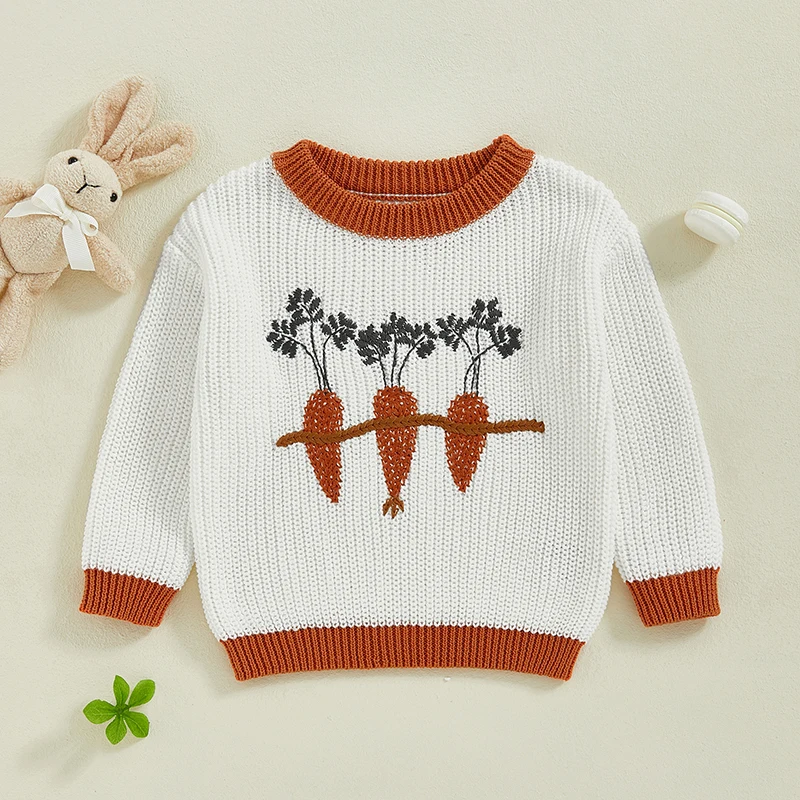 Tregren 0-3Y Toddler Baby Boy Girl Sweater Long Sleeve Crew Neck Contrast Color Carrot Warm Knit Pullover Infant Knitwear Outfit