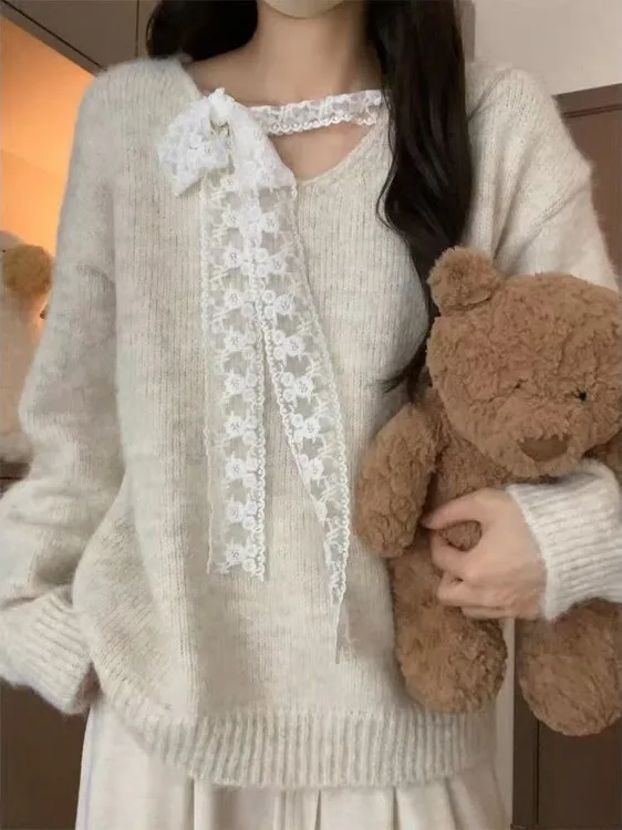 

Женский свитер с кружевным узлом и V-образным вырезом, осень-зима 2023, новый ленивый высококачественный вязаный топ, свободный крой, длинный све