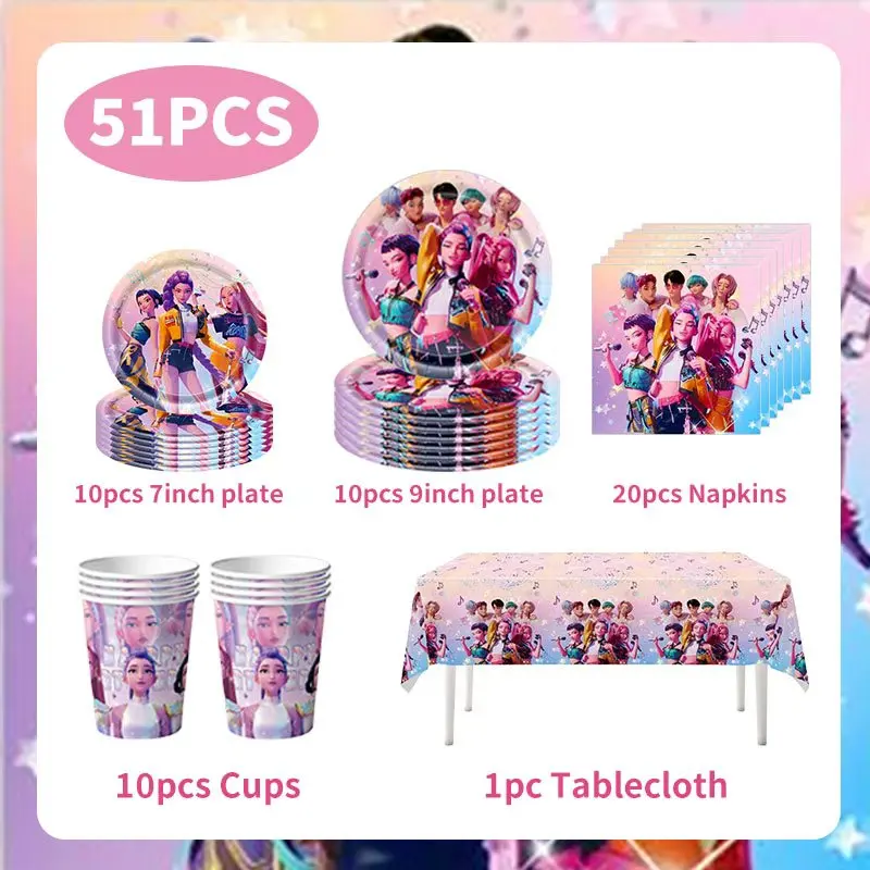 Kpop شيطان هنتر حفلة عيد ميلاد الديكور مجموعة أدوات المائدة ورقة كأس لوحة خلفية مفرش المائدة بالون لمستلزمات الحدث الحفلات