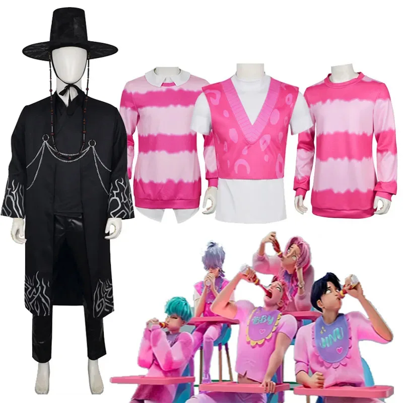 ชุดคอสเพลย์ Kpop Devil Hunter Saja Boy สำหรับผู้ชาย ชุดไอดอลวงดนตรี Jinu Baby Abby สไตล์ลึกลับโรแมนติกสีชมพู พร้อมวิกผม ชุดฮาโลวีน