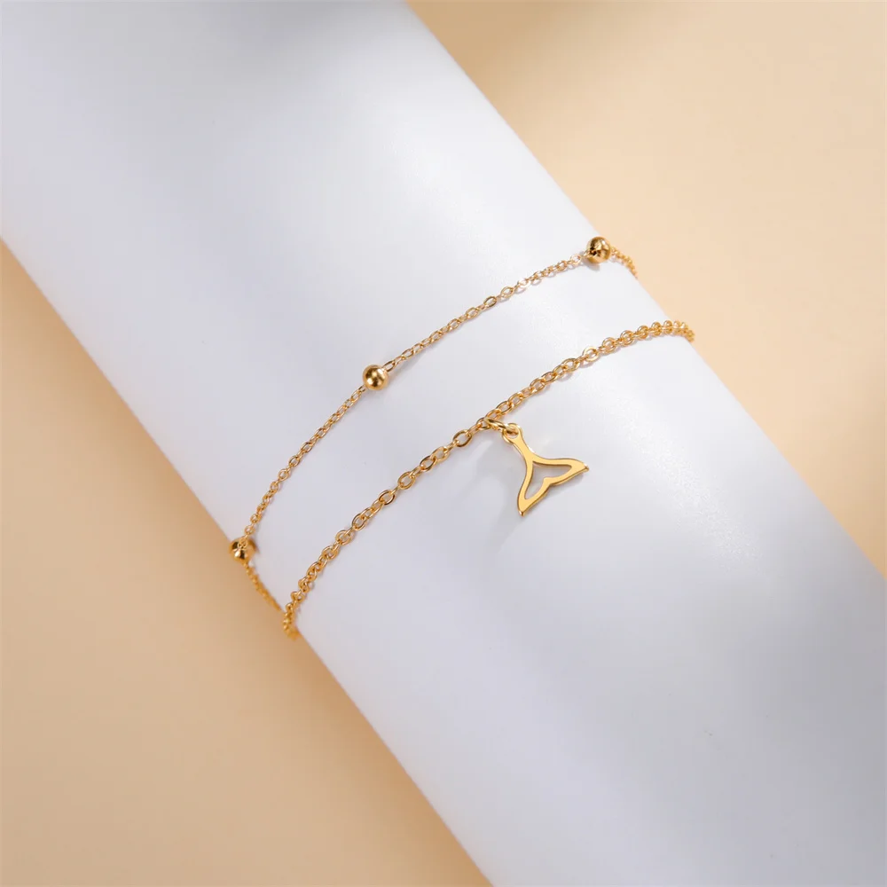 Stainless Steel Whale Fish Tail Bracelets for Women Girls Charm Double Layer Beads Chain Bracelets Fashion Jewelry Wedding Gift