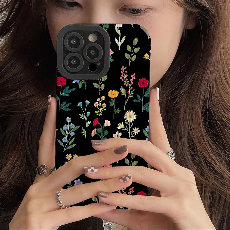 Spring Botanicals Black Phone Cases for IPhone 11 Case 14 Pro Max 15 Pro Max IPhone Case for IPhone 13