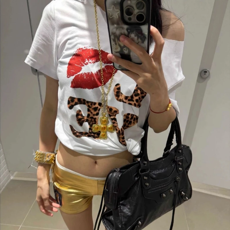 

Sexy Short Sleeve Printing Letter Pullovers Top Summer New All-match Loose Vintage T Shirts Street Casual Y2K Women Clothing