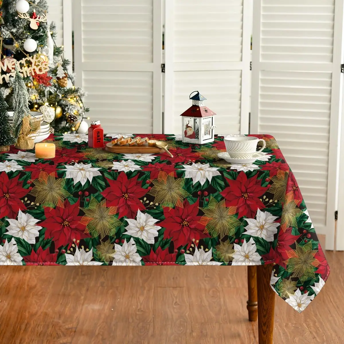 Christmas Red White Poinsettia Waterproof Tablecloth Winter Xmas Party Decor Reusable Wedding Table Decor Navidad Decoration2025