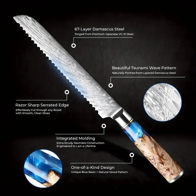 Damascus Steel Bread Knife, 67-layer Japanese VG10 Steel, Wavy Serrated Blade, Kitchen Tool