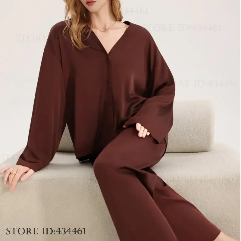 Female Long Sleeved Trouser Pijamas Suit Silky Satin Sleepwear Pajamas Set Fashion Coffee Colored Loungewear Autumn New Homewear