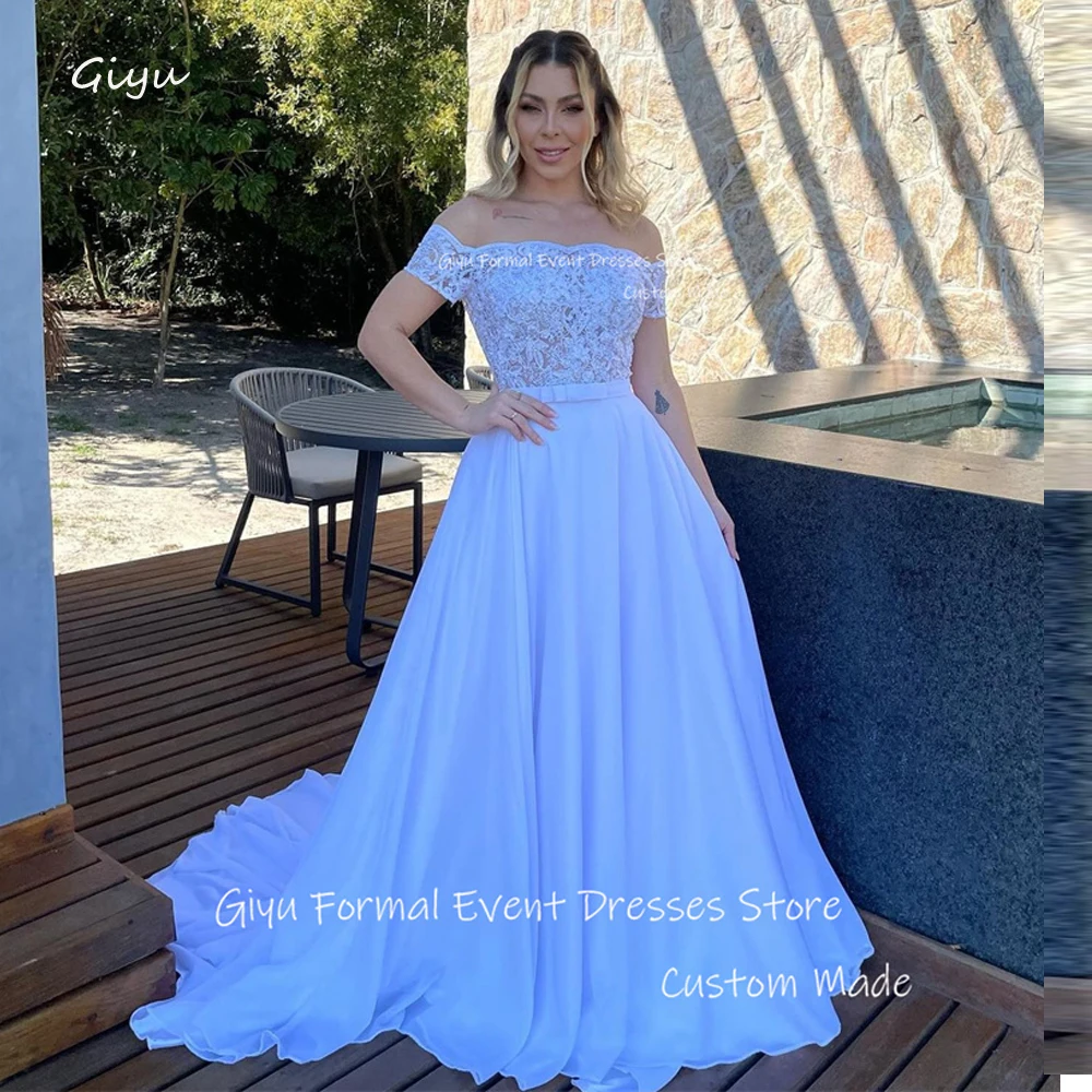 Giyu Simple Off Shoulder Chiffon Weddding Dresses Sleeves Lace Silk Chiffon Country bridal Gowns Plus Size Vestido de noiva