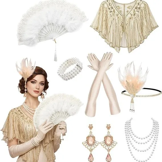 Women 1920s Flapper Accessories Set Champagne Feather Headband Sequin Cape Shawl Pearl Jewelry Long Gloves Feather Fan Great