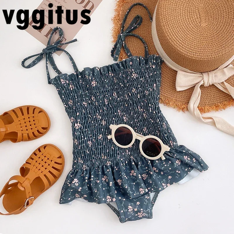 Korean Style New Summer Girl Cute Princess Sling Swimsuit Sleeveless Floral Print Swimwear Children One Piece Bathing Suit H3070