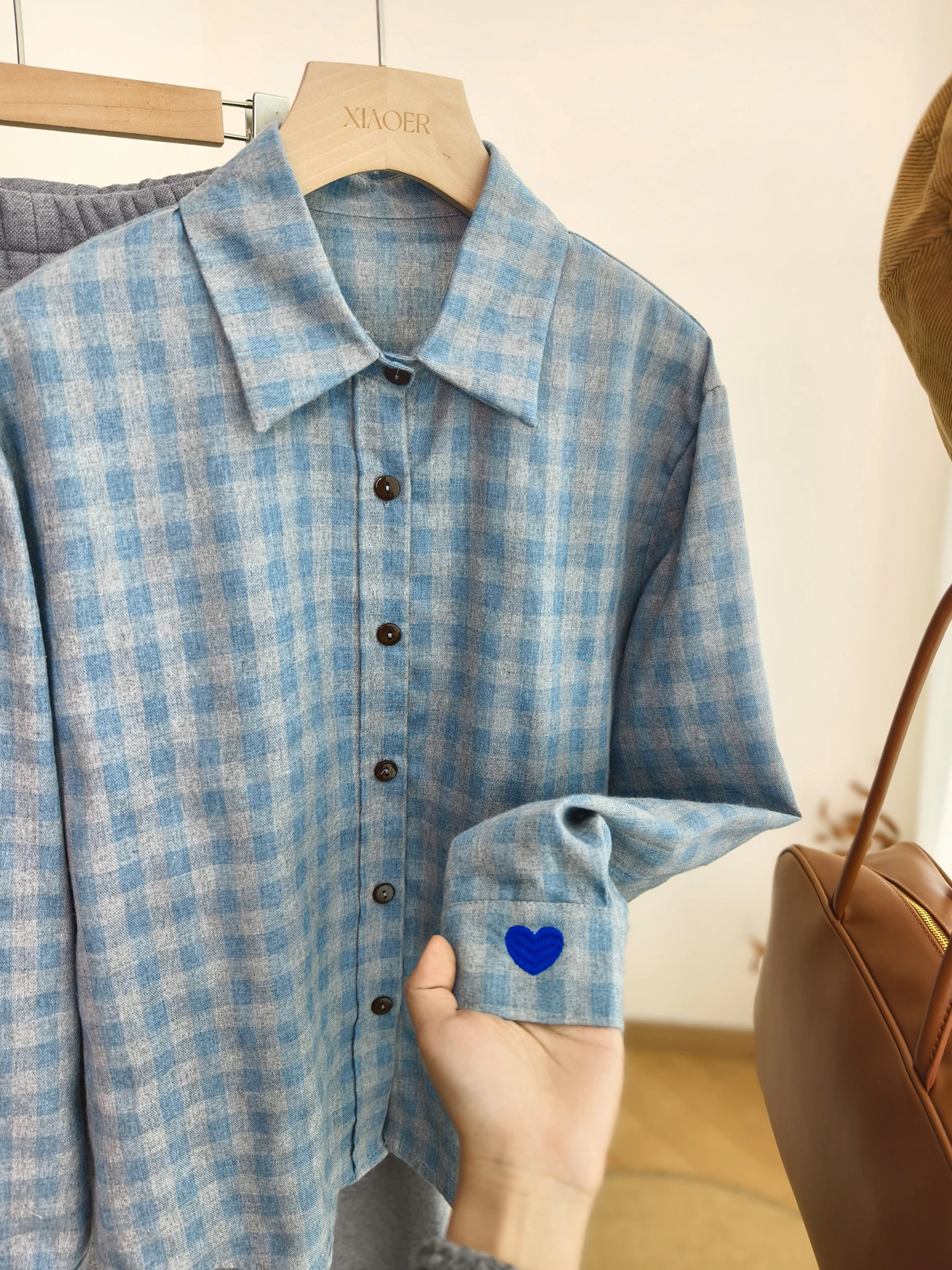 

Combed Cotton Plaid irt Embroidered Heavyweight Brued Color Woven Heart Pattern Women's Loose Fit Breathable Long Sve