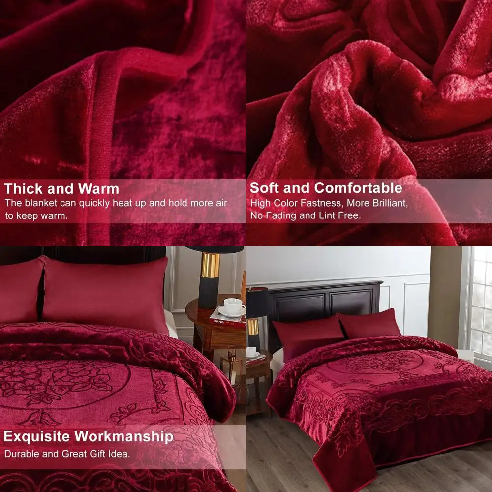 

King Size Heavyweight Mink Raschel Blanket, 85x95, 9 lbs, Single Layer, Plush & Warm for Fall & Winter, Burgundy