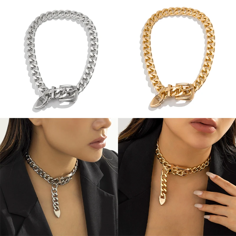 Fashion Hip Hop Punk Metal Belt Buckle Chain Choker Necklace Jewelry For Women Thick Chunky Clavicle Chain Necklaces