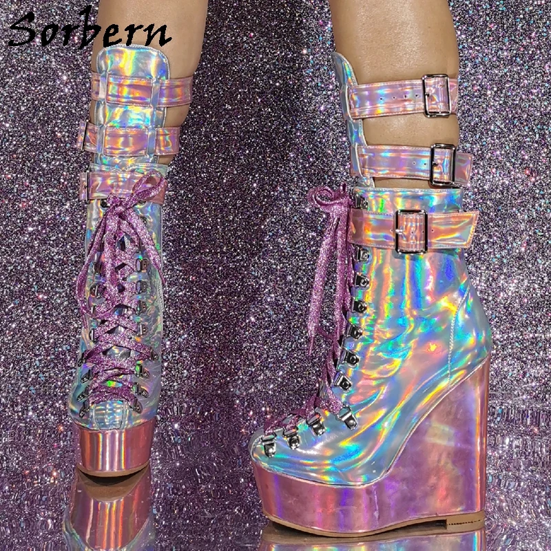 

Sorbern Holo Wedge Boots Silver Pink Gladiator Style Ankle Straps Platform Shoes Punk Booties Buckles Lace Up Round Toe Custom