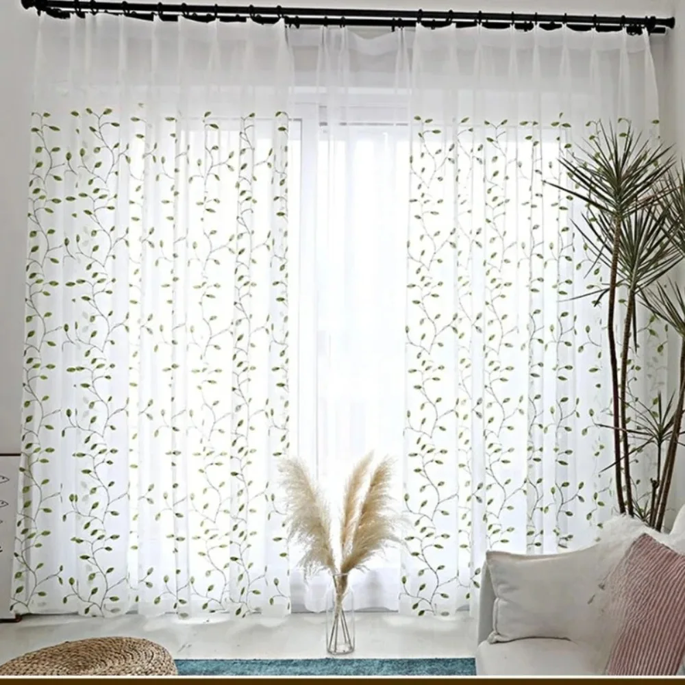 Embroidery Leaves Sheer Tulle Curtains for Living Room Kitchen Window Voile Bedroom Children Door Nature Inspired Drapes Sheer