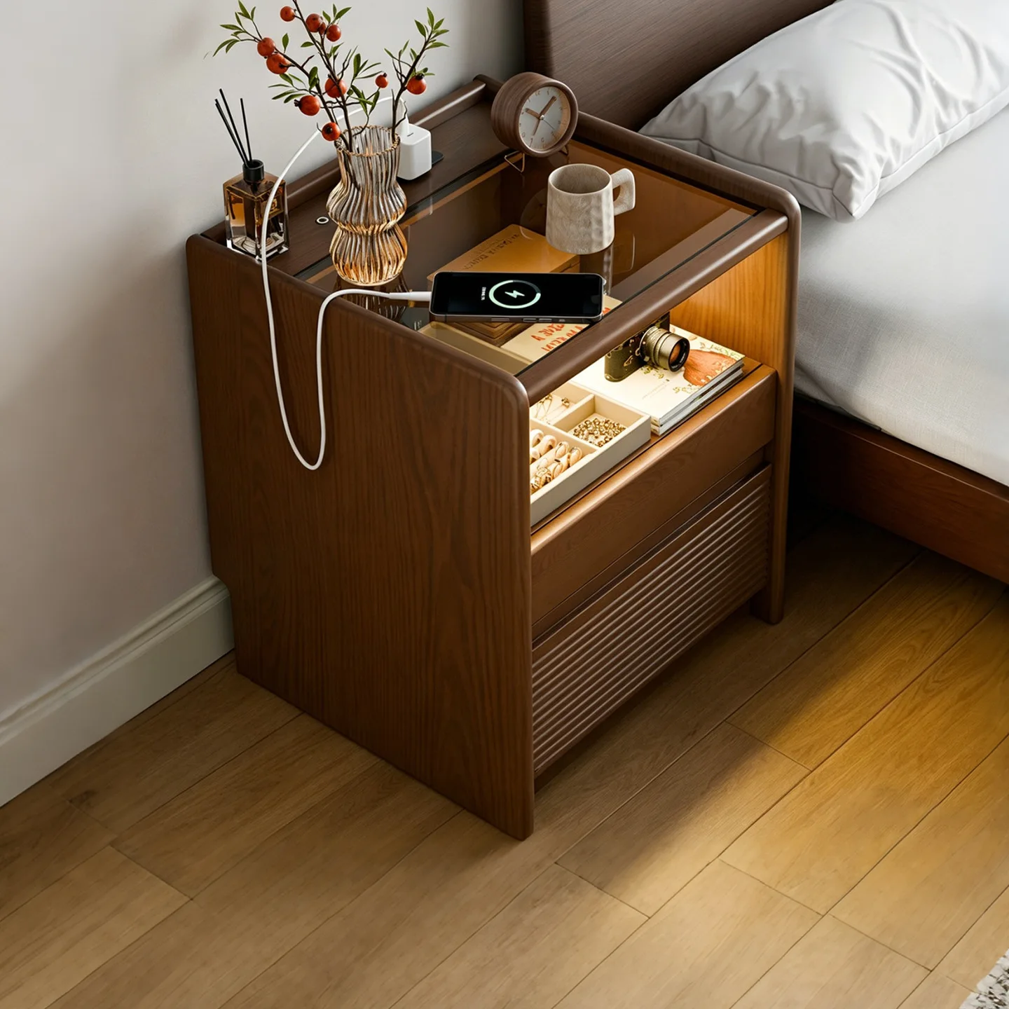 Glass smart bedside table household bedroom with charging lamp double pumping jewelry storage cabinet