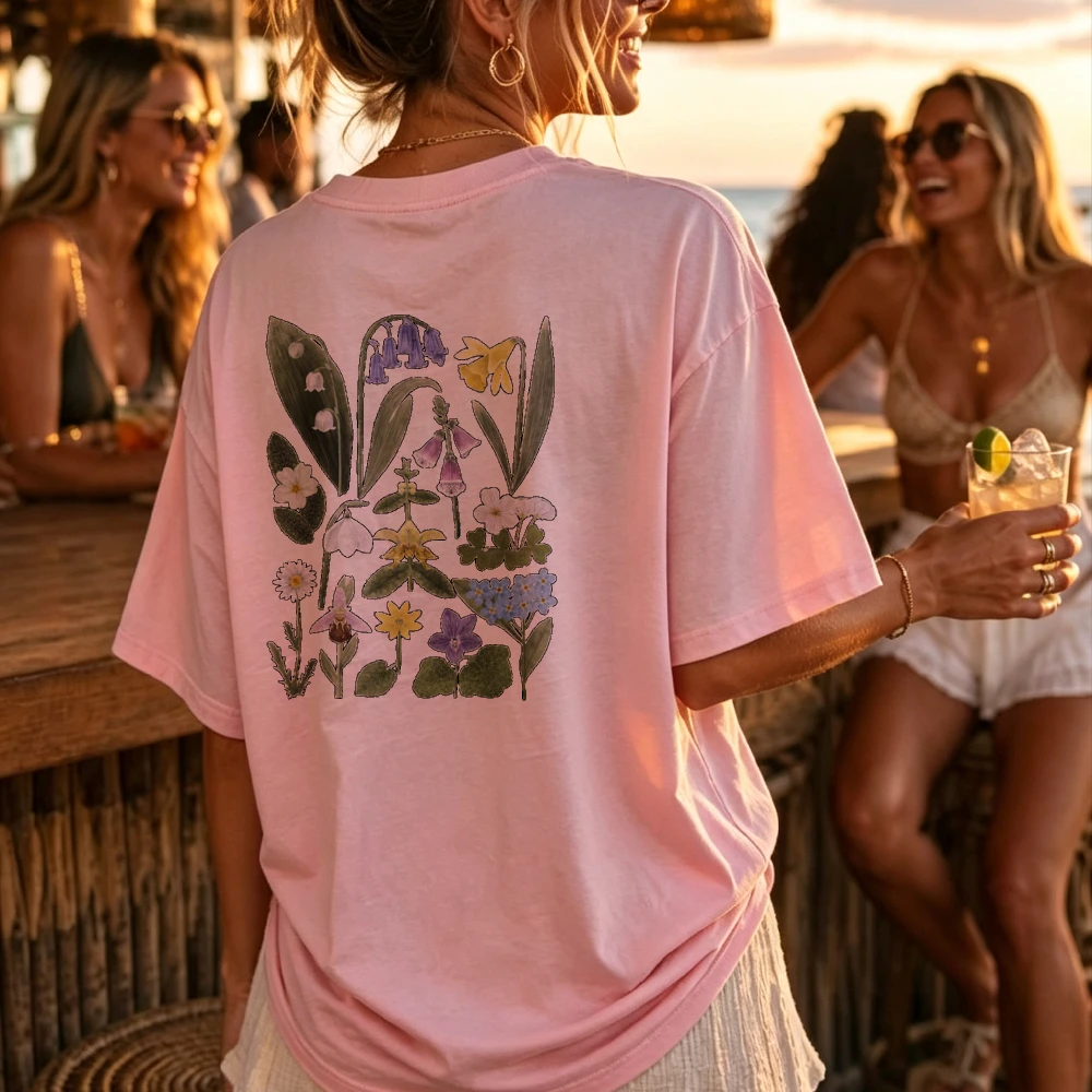 Vintage Botanical Print Crew Neck Short Sleeve T Shirt Floral Pattern Casual Top Funny Outdoors High Quality Cotton Short-sleev
