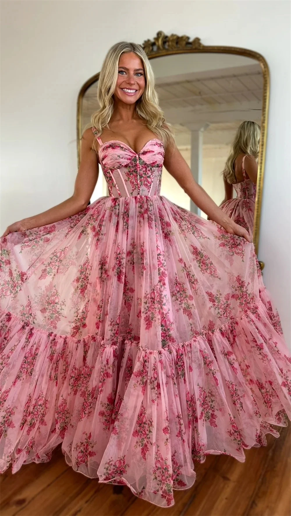New Pink Prom Birthday Dress 2026 Spaghetti Strap Floral Print Draped A-line Evening Formal Party Gowns Vestidos De Feast