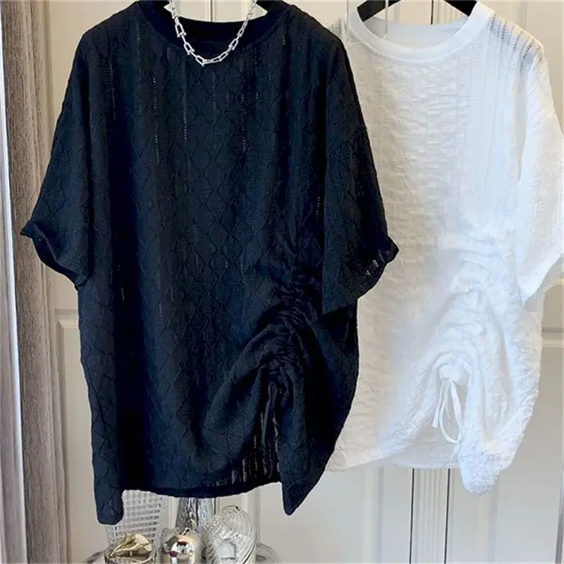 

Корейские свободные футболки, женская модная футболка большого размера с завязками, повседневные свободные тонкие топы с короткими рукавами, летняя трендовая футболка