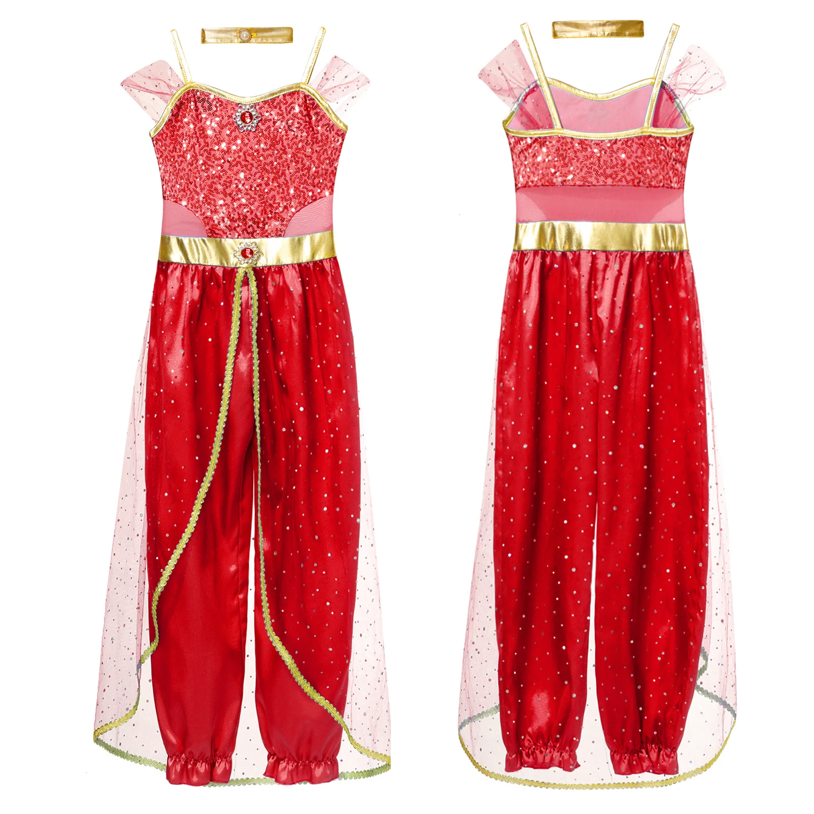 Children Girls Halloween Theme Party Arabian Princess Cosplay Costume Belly Dance Clothes Shiny Sequins Jumpsuit with Choker