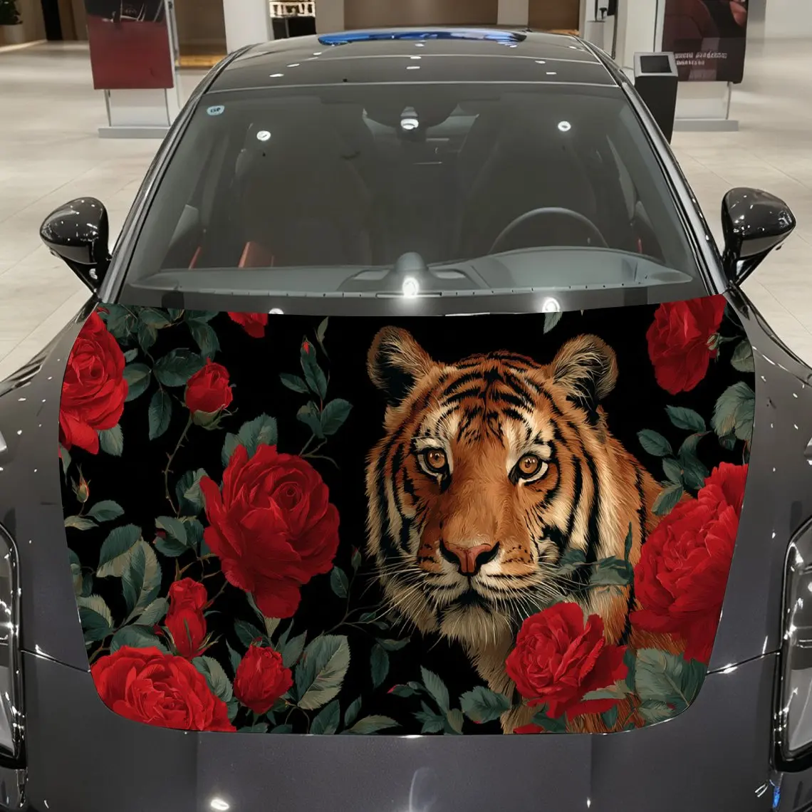

Car Decal Tiger with Red Floral Artistic Background & Ferocious-Romantic Aesthetic Car Hood Sticker, Waterproof Self - Adhesive