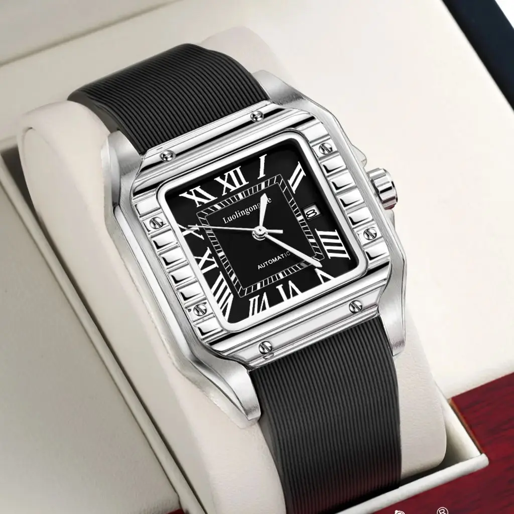 European and American Style Men's Mechanical Watch, Automatic Winding, Skeleton Design, Calendar Display, High-End Luxury Small Square Men's Watch, Fashionable Business Casual Versatile Wristwatch for Trendy Young Men, the Best Gift for Him