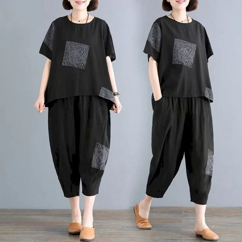 Casual Loose T Shirts Sets Women 2024 Summer Aesthetic Clothes Design Print Oversized T-shirt Crop Pants Two Piece Set Vintage