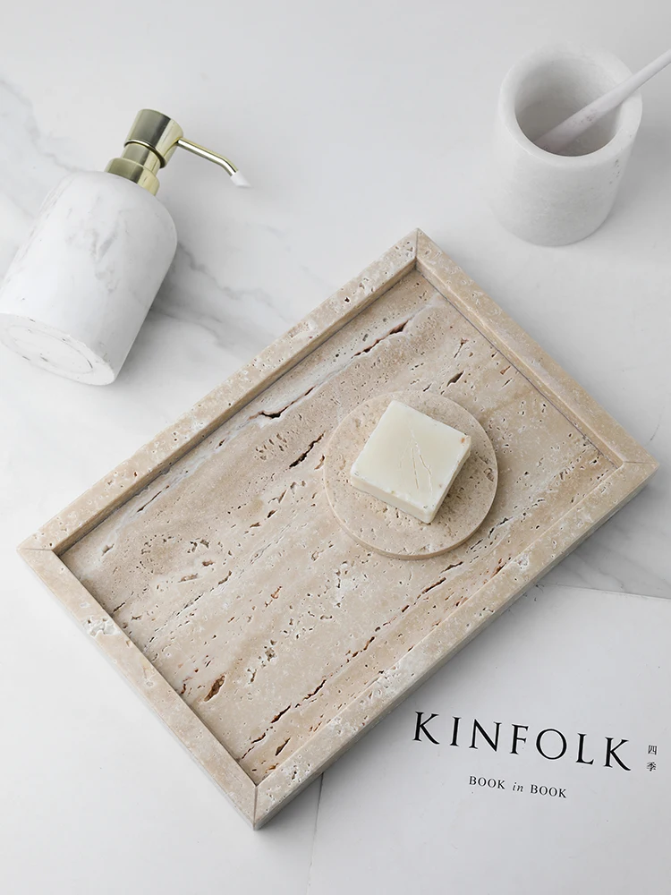 Minimalism Marble Tray for Perfume Candles Jewelry Travertine Stone Vanity Tray for Dresser Countertop Coffee Table Serving