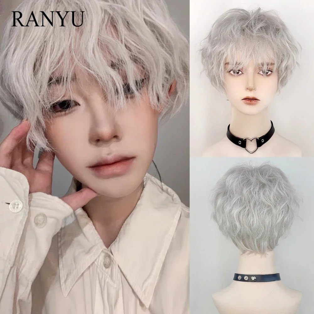 

RANYU Anime Cosplay White Gray Short Synthetic Curly Wig with Bangs Women and Men Fluffy Hair Heat Resistant Wig for Party