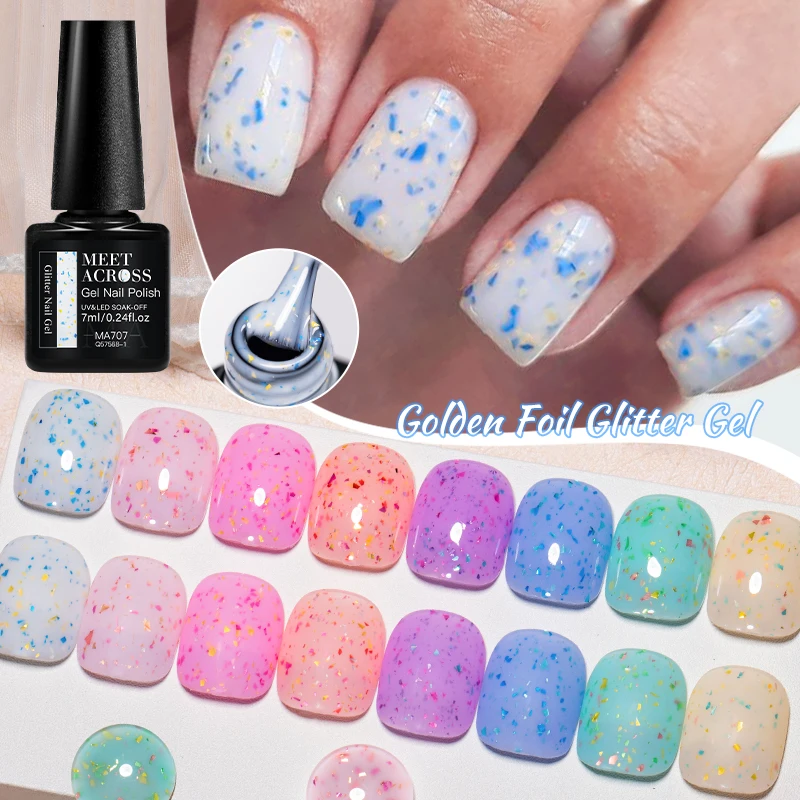 7ML MEET ACROSS Golden foil glitter gel Chameleon Pink Gold Flakes Varnish Soak Off Semi Permanent UV LED Gel Polish Art Varnish