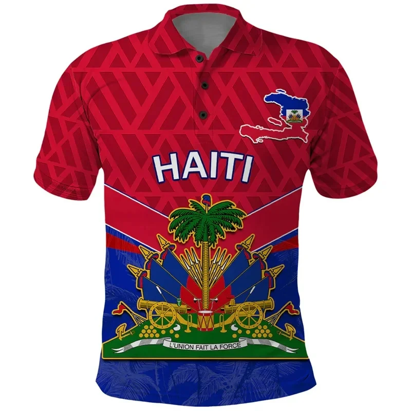 Kemeja Polo pola lambang bendera nasional Haiti cetak 3D untuk pria lengan pendek kaus t-shirt grafis Haiti baju atasan